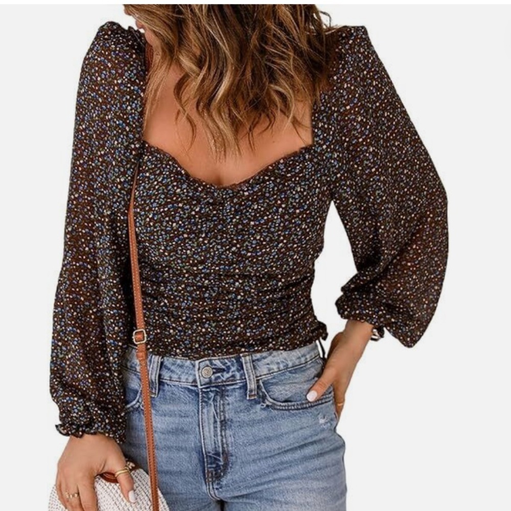 Astr Black Floral Puff Sleeve Blouse NWT